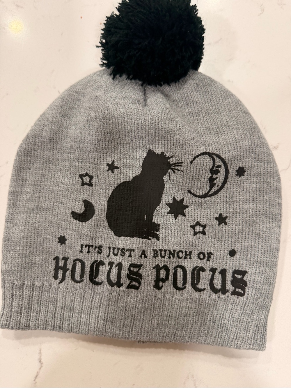 Disney Gray Knit Pom Beanie with Black Cat Hocus Pocus Design